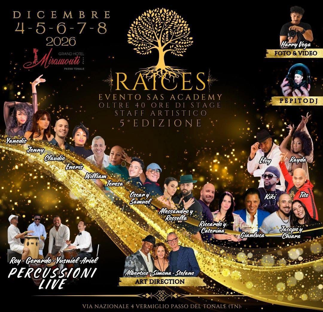 Locandina RAICES 2026, evento di salsa cubana, bachata e folklore afro-cubano al Passo del Tonale