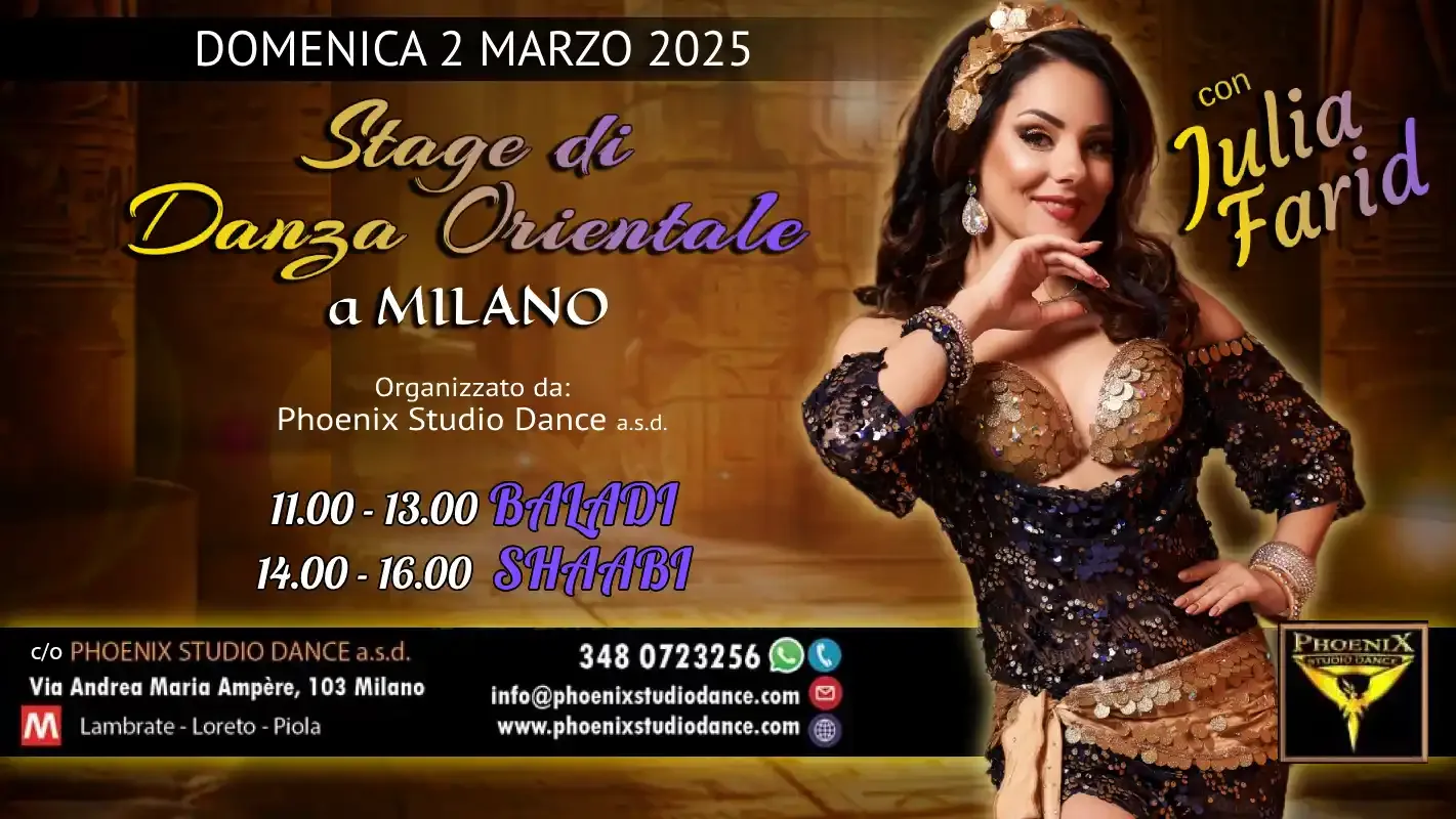 Stage di Danza Orientale a Milano con Julia Farid 2 Marzo 2025 (Baladi-Shaabi)